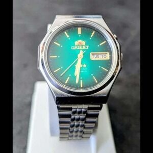 Vintage Orient Mens Watch Green Dial Day Date Stainless Steel